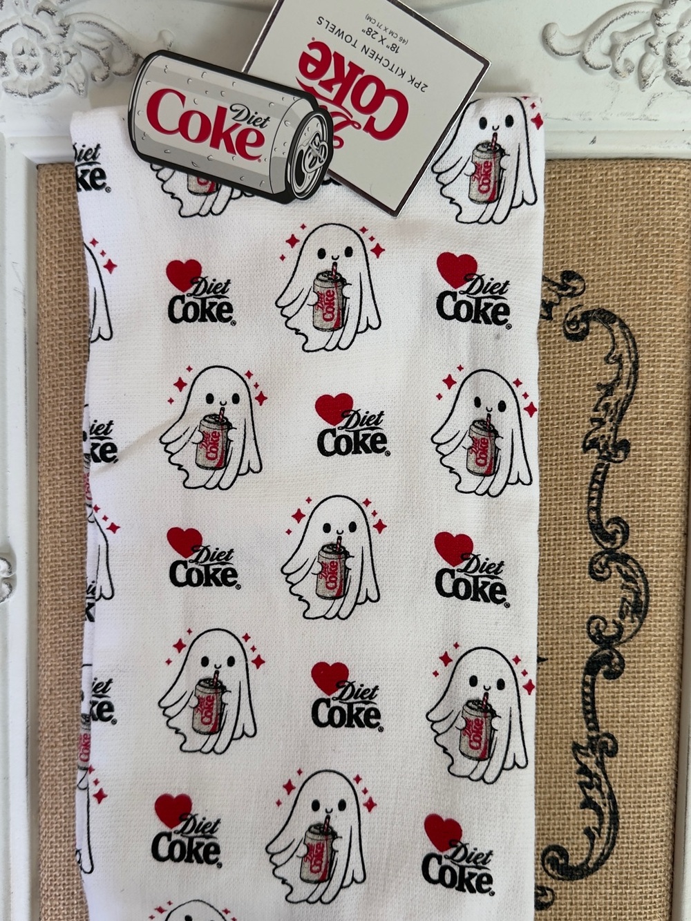 NWT: Coca Cola Diet Coke White Kitchen Towel with Red Heart & Ghost Pattern